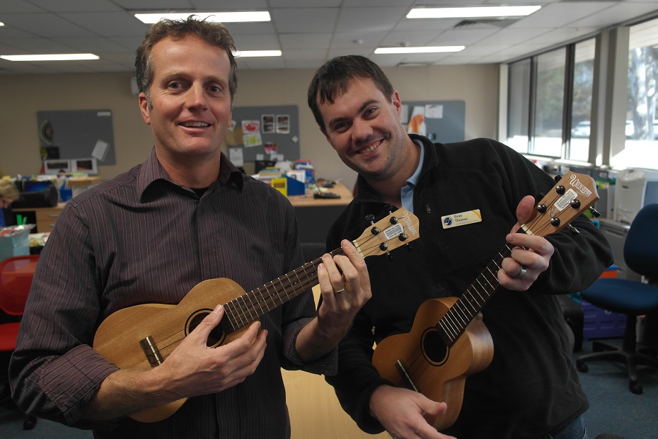 Ukulele teachers Rod and Evan with instruments